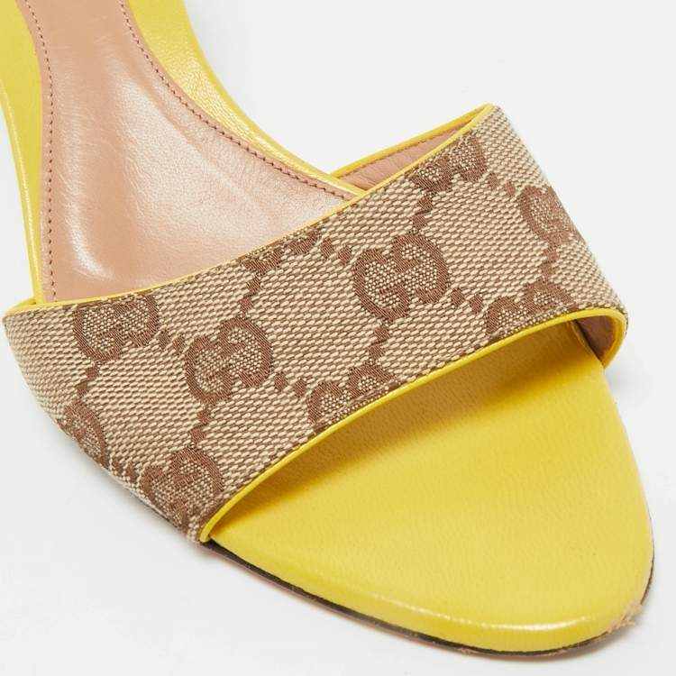 Pre Owned Gucci Yellow Leather and GG Canvas Slide Sandals Size 34.5