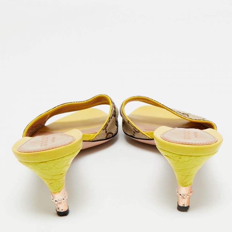 Pre Owned Gucci Yellow Leather and GG Canvas Slide Sandals Size 34.5