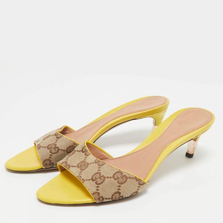 Pre Owned Gucci Yellow Leather and GG Canvas Slide Sandals Size 34.5