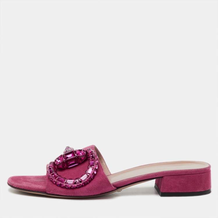 Pre Owned Gucci Pink Suede Crystal Maxime Horsebit Slide Sandals Size 37.5