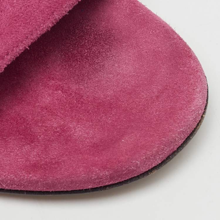 Pre Owned Gucci Pink Suede Crystal Maxime Horsebit Slide Sandals Size 37.5