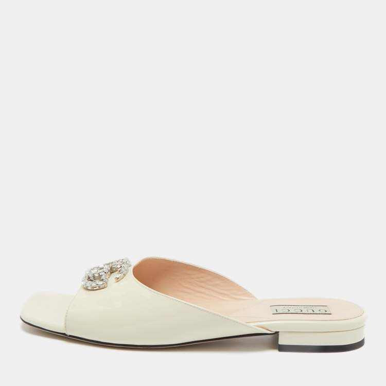 Pre Owned Gucci Cream Patent Leather Harlow Flat Slides Size 39