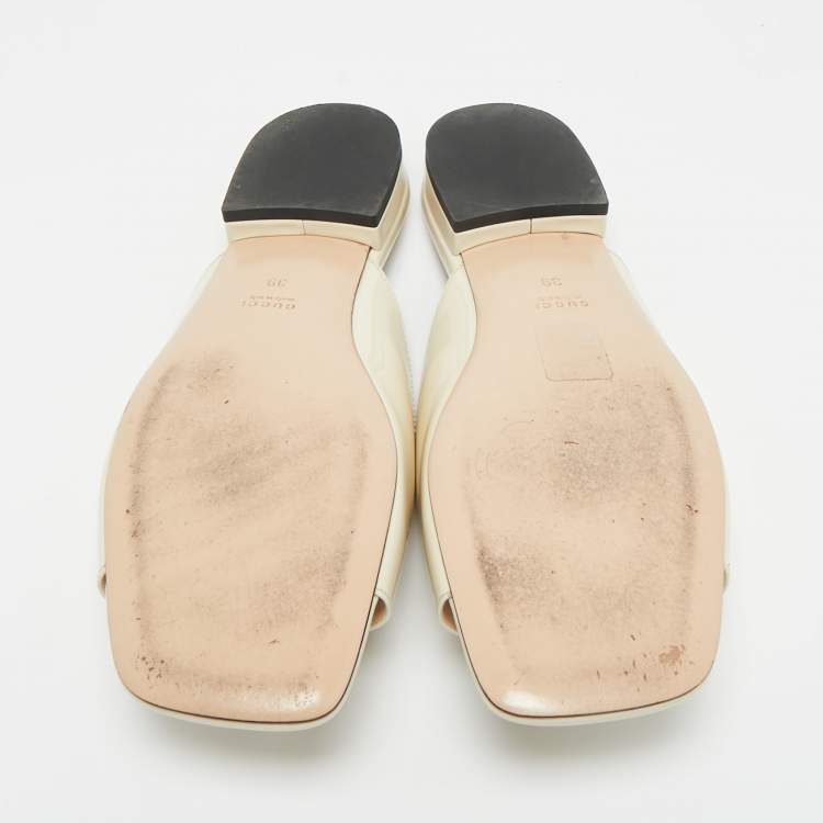 Pre Owned Gucci Cream Patent Leather Harlow Flat Slides Size 39