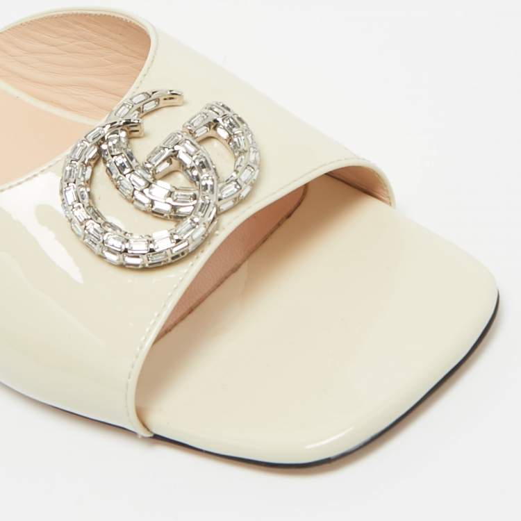 Pre Owned Gucci Cream Patent Leather Harlow Flat Slides Size 39