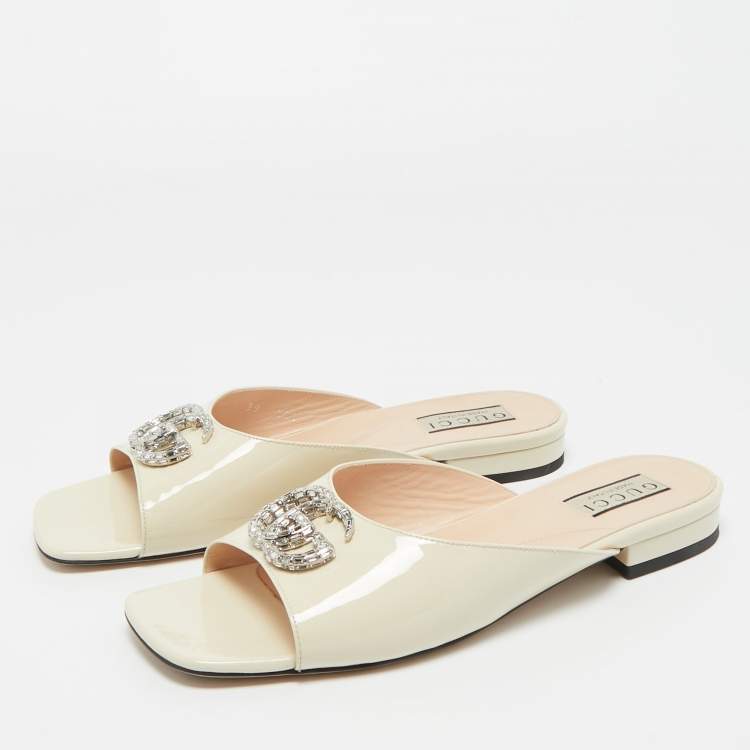 Pre Owned Gucci Cream Patent Leather Harlow Flat Slides Size 39