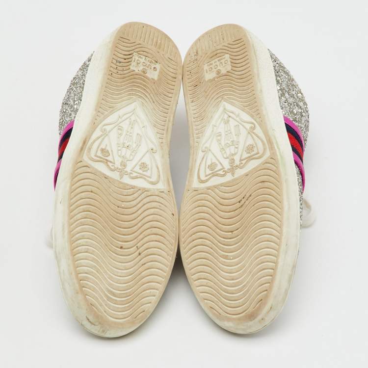 Pre Owned Gucci Silver Glitter And Leather Ace Low Top Sneakers Size 37