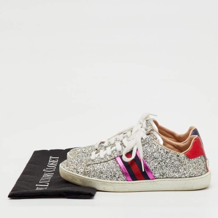 Pre Owned Gucci Silver Glitter And Leather Ace Low Top Sneakers Size 37