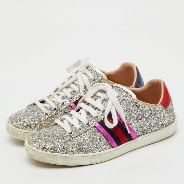 Pre Owned Gucci Silver Glitter And Leather Ace Low Top Sneakers Size 37