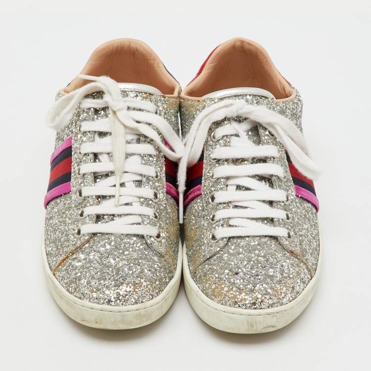 Pre Owned Gucci Silver Glitter And Leather Ace Low Top Sneakers Size 37