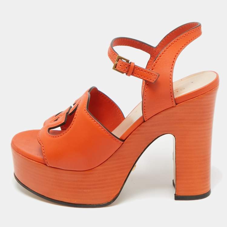 Pre Owned Gucci Orange Leather Interlocking G Platform Ankle Strap Sandals Size 38.5