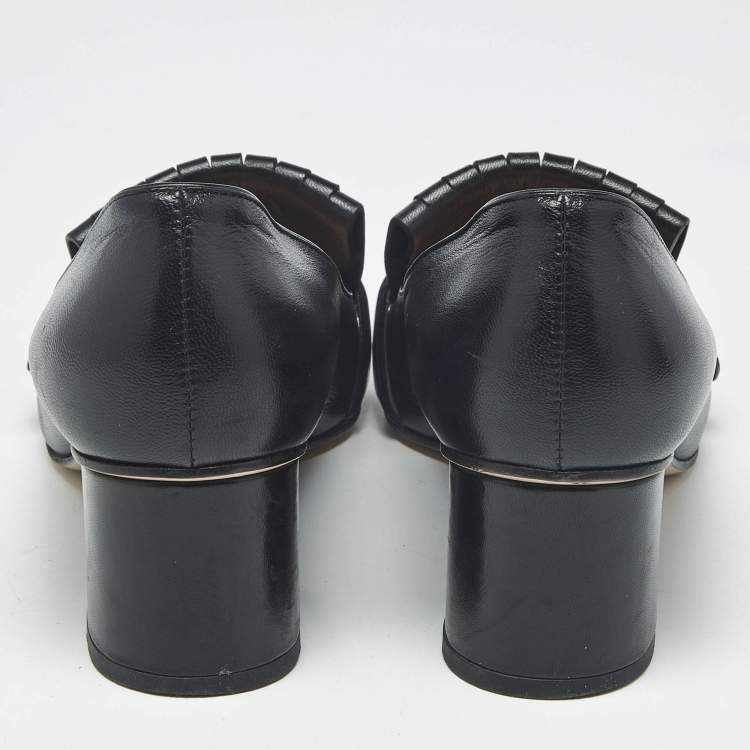 Pre Owned Gucci Black Leather Marmont GG Fringe Detail Block Heel Pumps Size 38.5