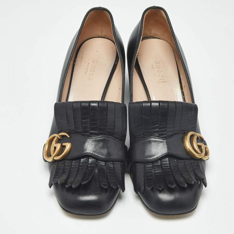 Pre Owned Gucci Black Leather Marmont GG Fringe Detail Block Heel Pumps Size 38.5