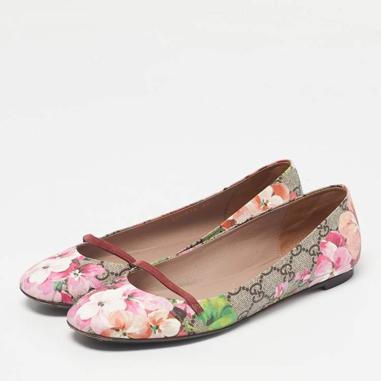 Pre Owned Gucci Multicolor GG Supreme Canvas Blooms  and Leather Ballet Flats Size 37