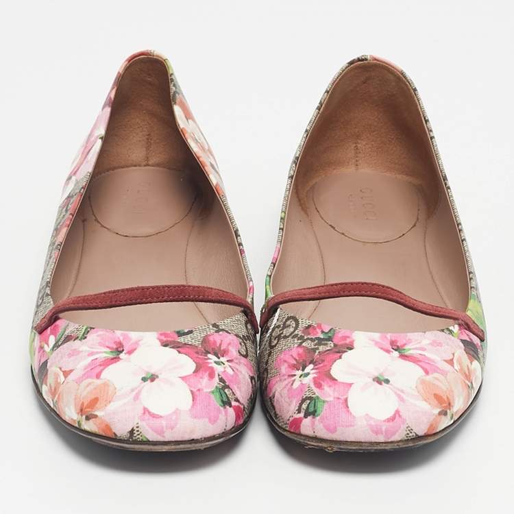 Pre Owned Gucci Multicolor GG Supreme Canvas Blooms  and Leather Ballet Flats Size 37