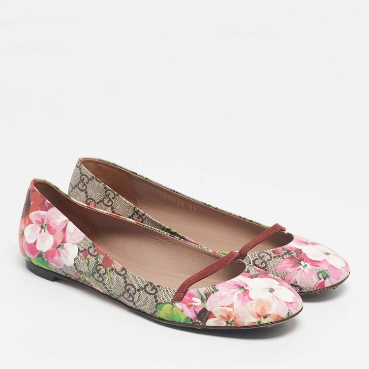 Pre Owned Gucci Multicolor GG Supreme Canvas Blooms  and Leather Ballet Flats Size 37