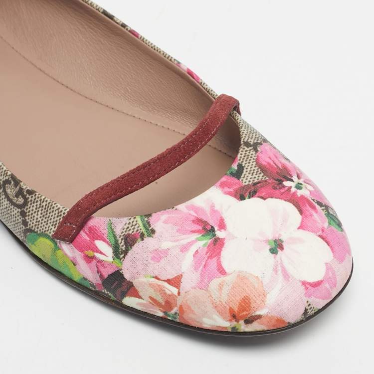 Pre Owned Gucci Multicolor GG Supreme Canvas Blooms  and Leather Ballet Flats Size 37