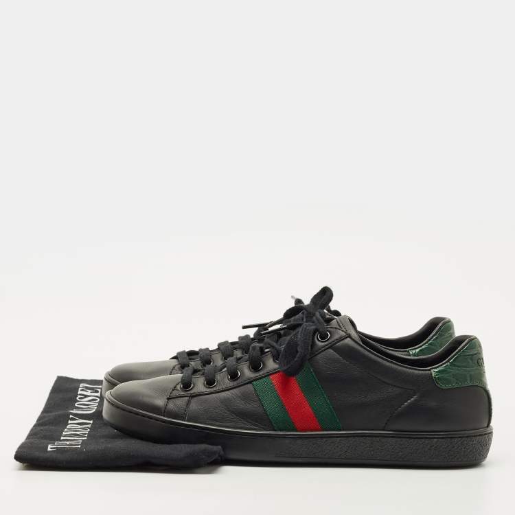 Pre Owned Gucci Black Croc Embossed and Leather Web Ace Lace Up Sneakers Size 38