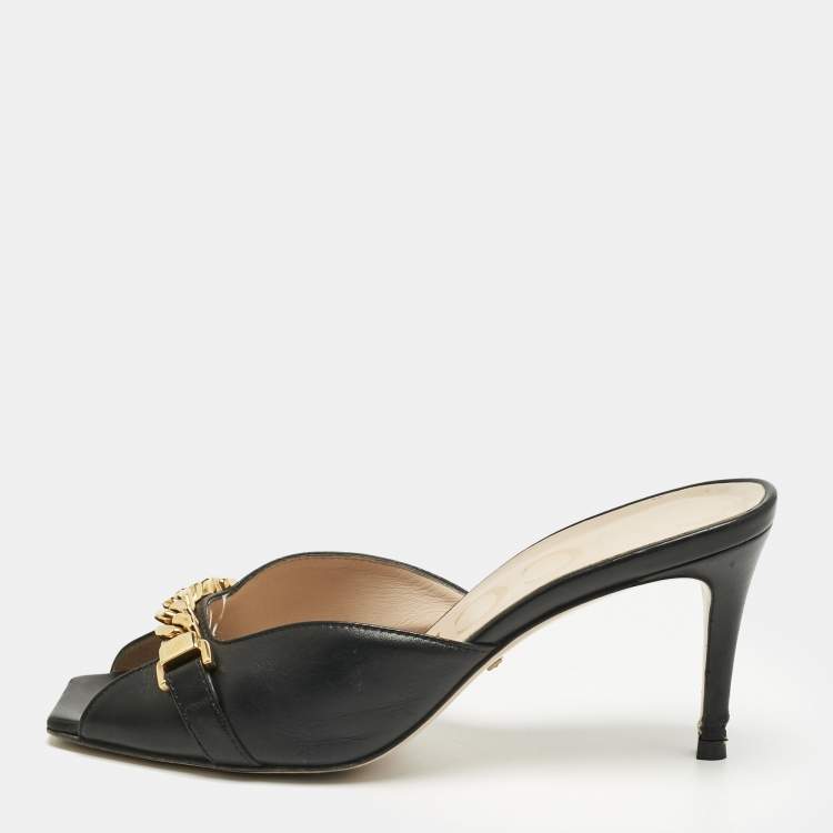 Pre Owned Gucci Black Leather Sylvie Chain Slide Sandals Size 36