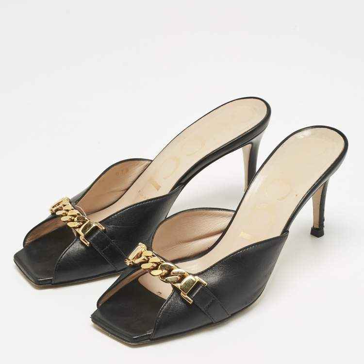 Pre Owned Gucci Black Leather Sylvie Chain Slide Sandals Size 36