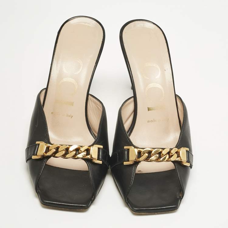Pre Owned Gucci Black Leather Sylvie Chain Slide Sandals Size 36