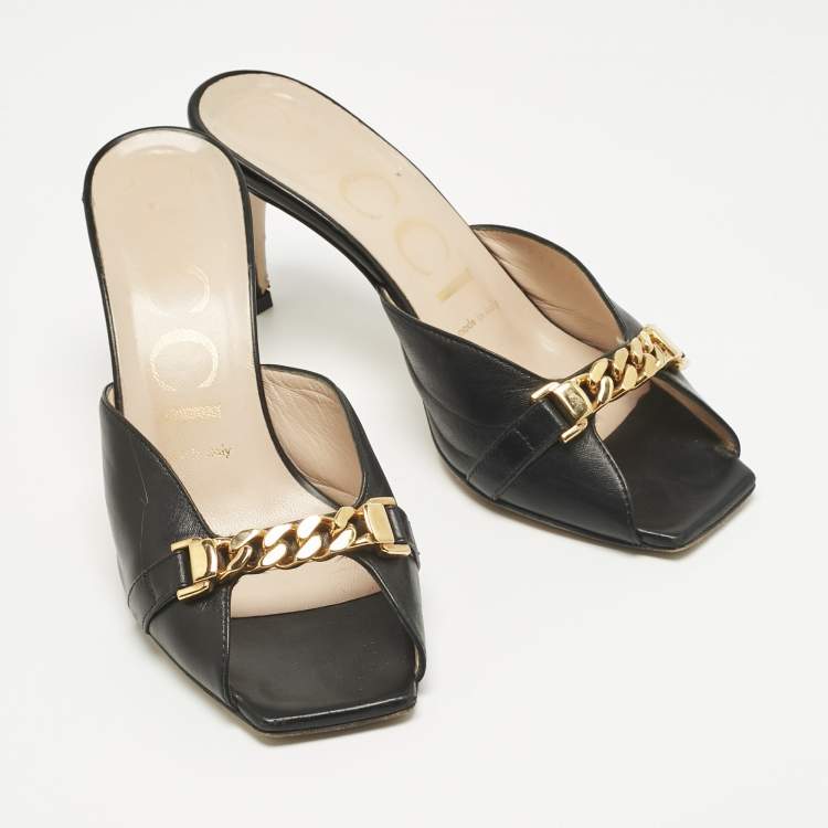 Pre Owned Gucci Black Leather Sylvie Chain Slide Sandals Size 36