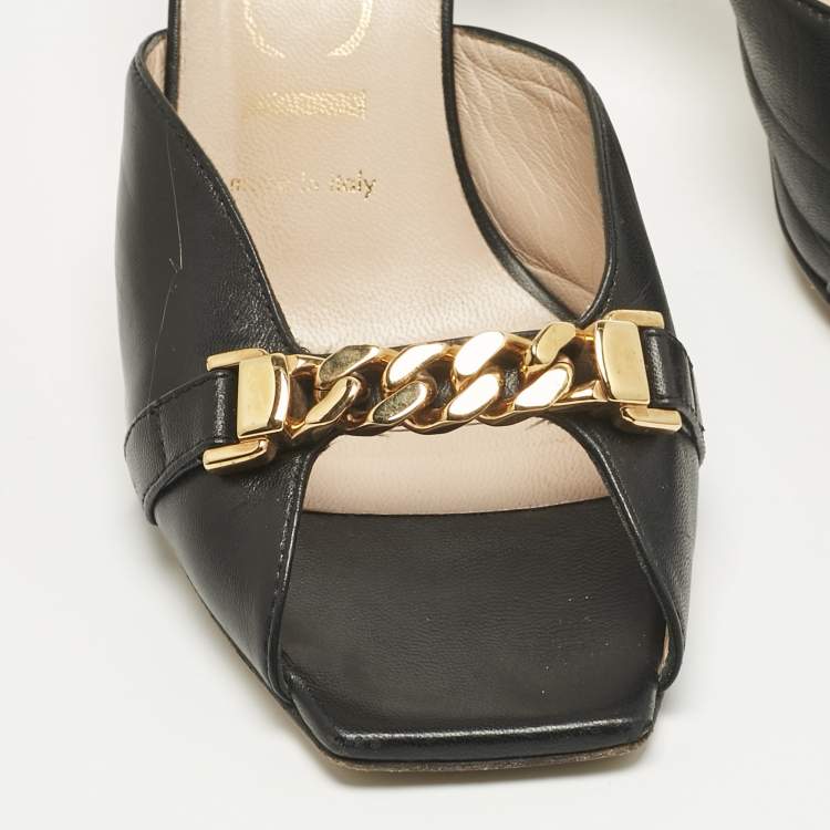 Pre Owned Gucci Black Leather Sylvie Chain Slide Sandals Size 36