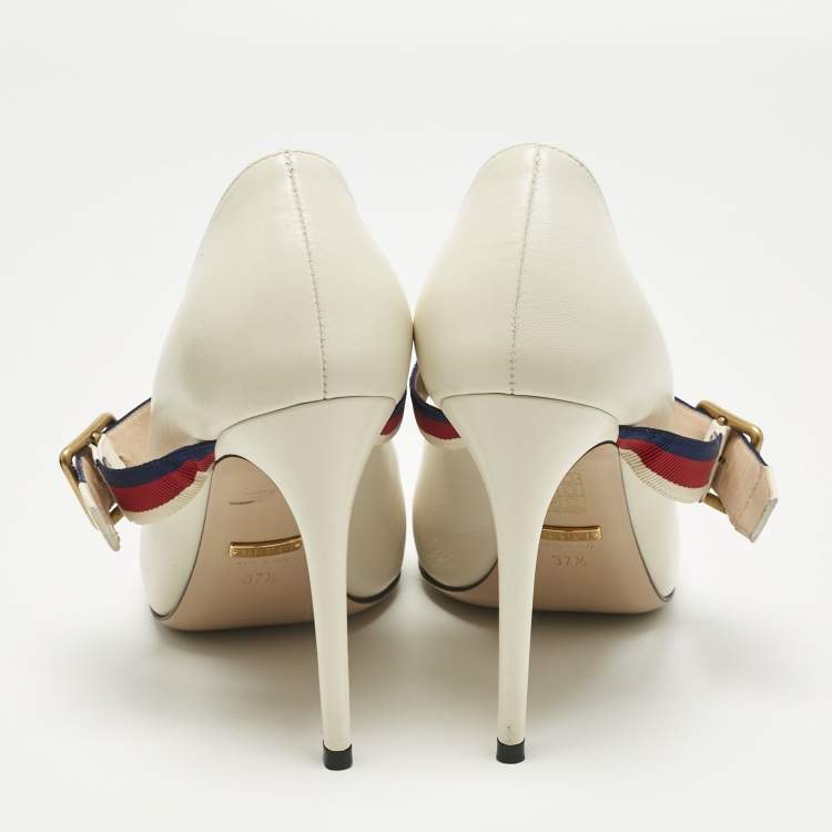 Pre Owned Gucci Cream Leather Sylvie Mary Jane Pumps Size 37.5