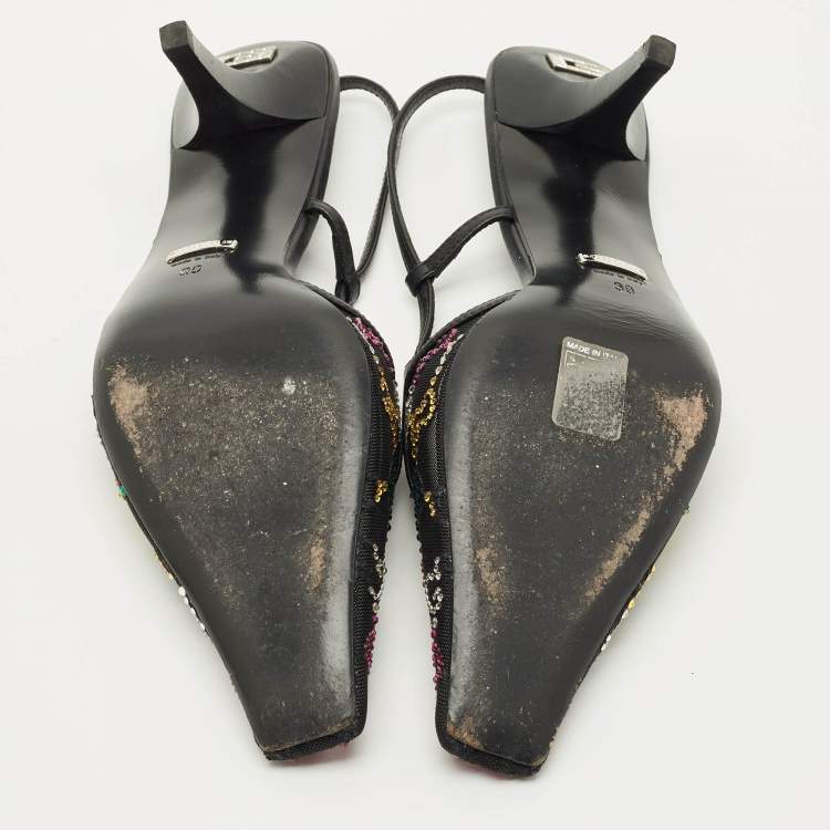 Pre Owned Gucci Multicolor GG Crystal Mesh and Leather Slingback Pumps Size 39