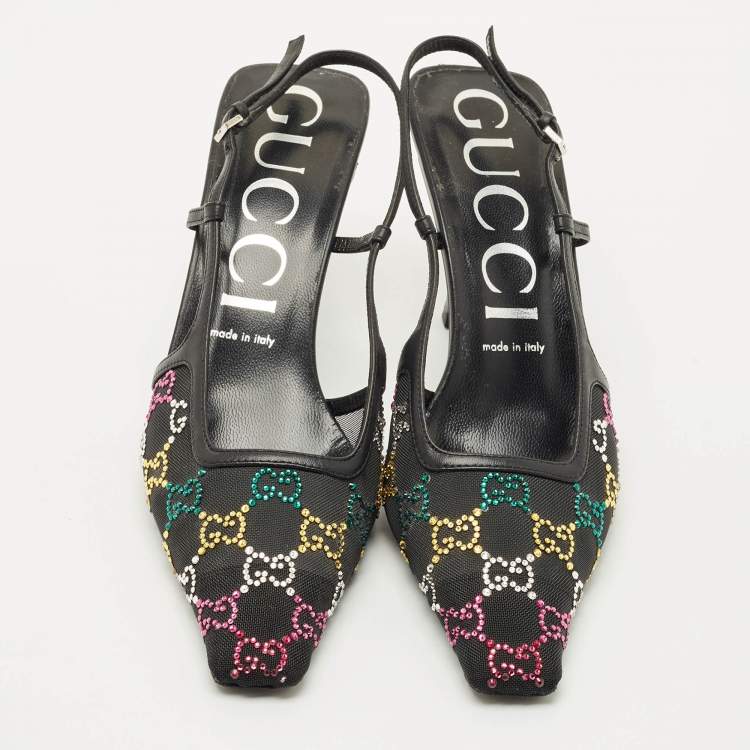 Pre Owned Gucci Multicolor GG Crystal Mesh and Leather Slingback Pumps Size 39