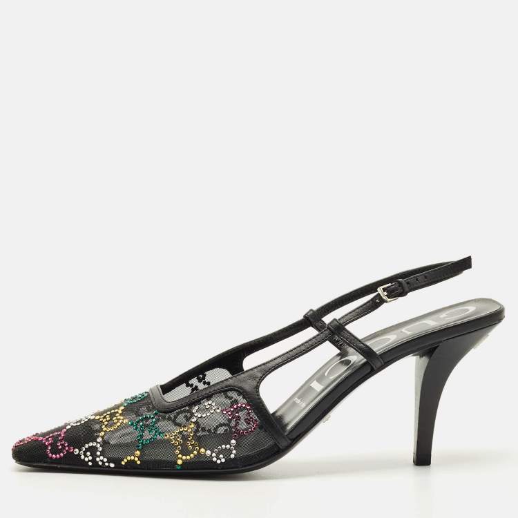 Pre Owned Gucci Multicolor GG Crystal Mesh and Leather Slingback Pumps Size 39