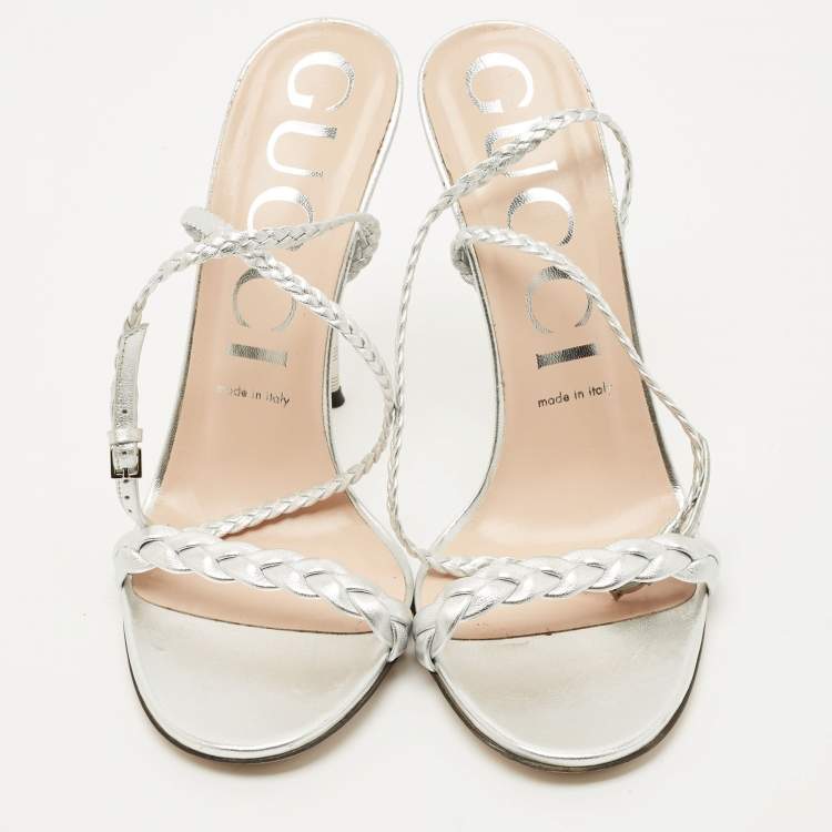Pre Owned Gucci Silver Leather and Woven Leather Ankle Wrap Sandals Size 39.5