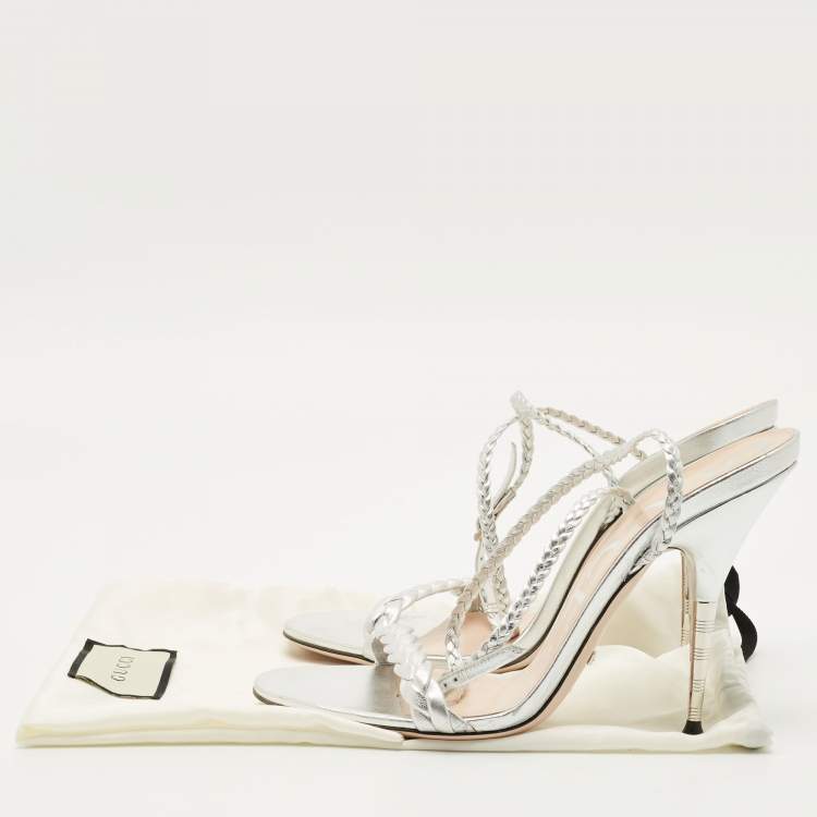 Pre Owned Gucci Silver Leather and Woven Leather Ankle Wrap Sandals Size 39.5