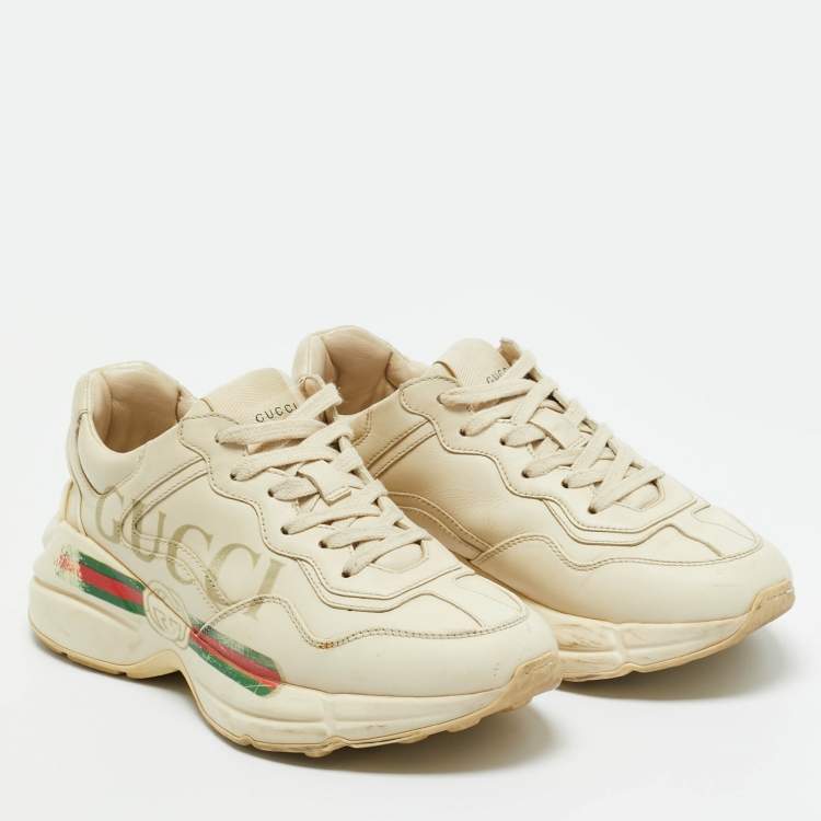 Pre Owned Gucci Cream Leather Rhyton Low Top Sneakers Size 36
