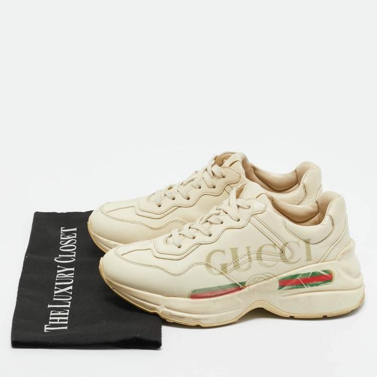 Pre Owned Gucci Cream Leather Rhyton Low Top Sneakers Size 36