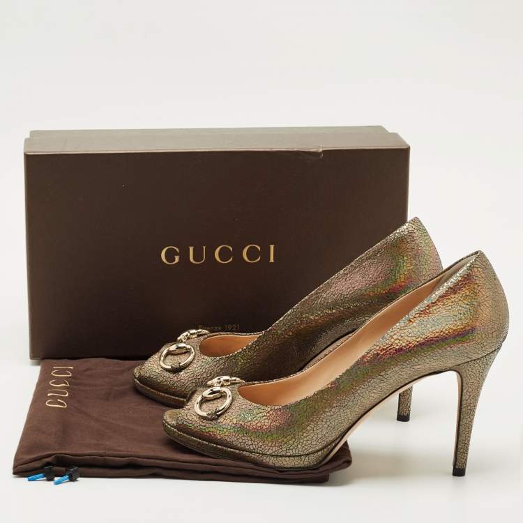 Pre Owned Gucci Multicolor Iridescent Leather Horsebit Peep Toe Pumps Size 39.5