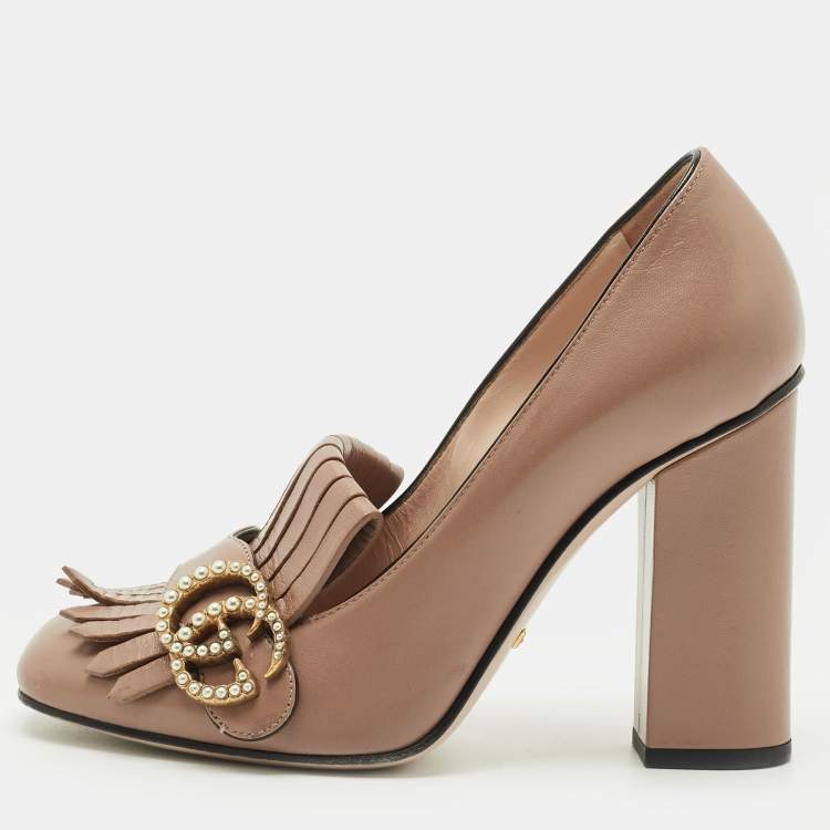 Pre Owned Gucci Dark Beige Leather GG Marmont Fringe Pumps Size 36.5