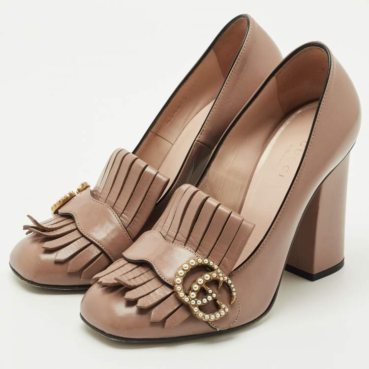 Pre Owned Gucci Dark Beige Leather GG Marmont Fringe Pumps Size 36.5