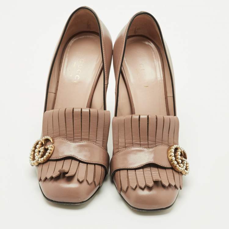 Pre Owned Gucci Dark Beige Leather GG Marmont Fringe Pumps Size 36.5