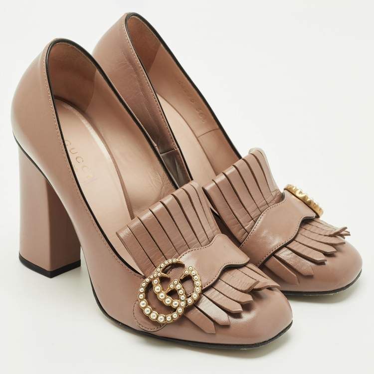Pre Owned Gucci Dark Beige Leather GG Marmont Fringe Pumps Size 36.5