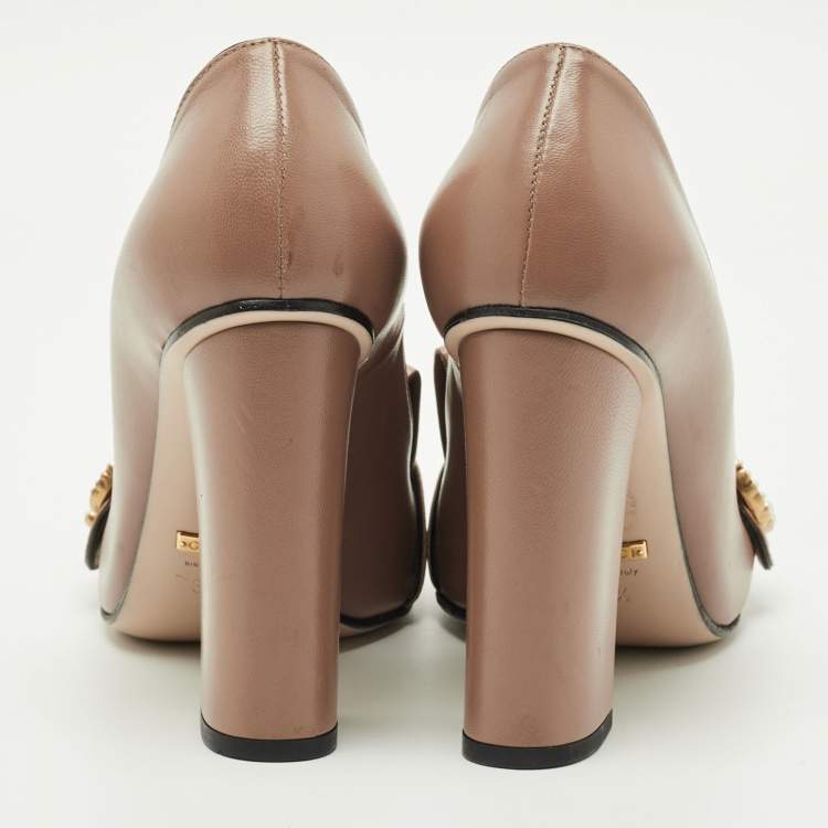 Pre Owned Gucci Dark Beige Leather GG Marmont Fringe Pumps Size 36.5