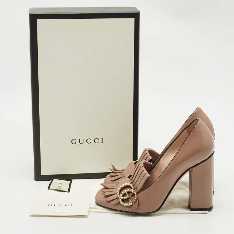 Pre Owned Gucci Dark Beige Leather GG Marmont Fringe Pumps Size 36.5