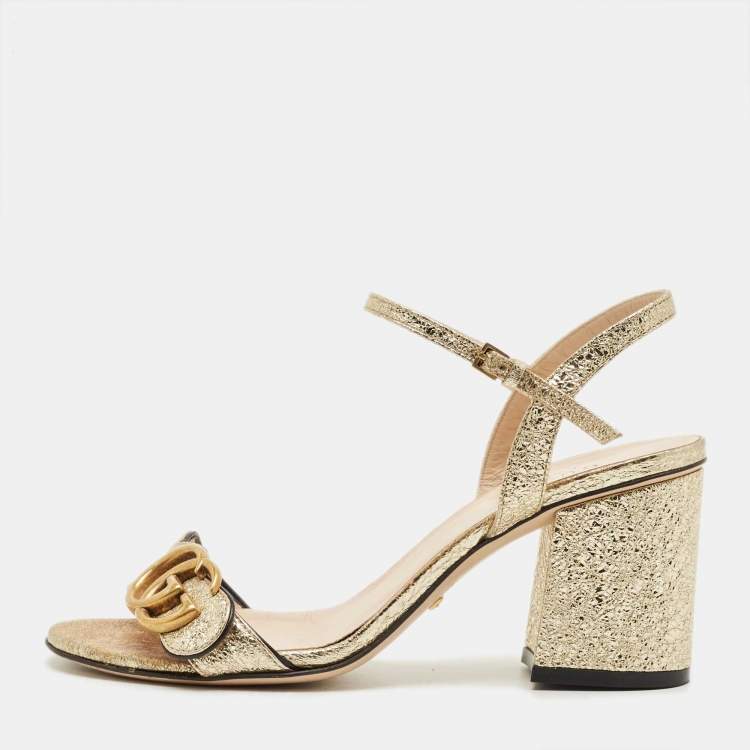 Pre Owned Gucci Gold Leather GG Marmont Ankle Strap Sandals Size 35.5