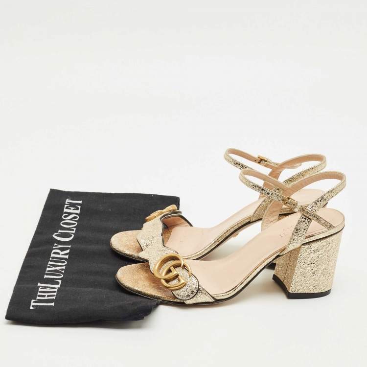 Pre Owned Gucci Gold Leather GG Marmont Ankle Strap Sandals Size 35.5