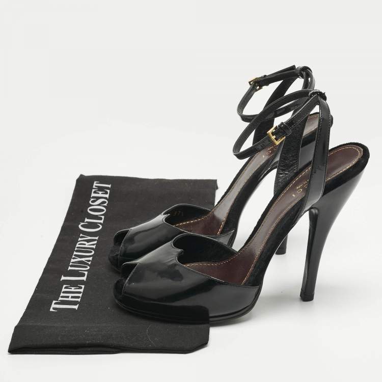 Pre Owned Gucci Black Patent Leather Peep Toe Ankle Strap Sandals Size 37.5