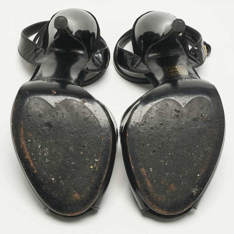 Pre Owned Gucci Black Patent Leather Peep Toe Ankle Strap Sandals Size 37.5