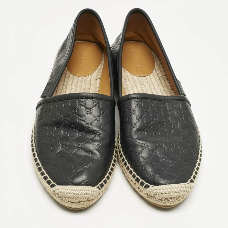 Pre Owned Gucci Black Guccissima Leather Pilar Espadrille Flats Size 38.5 