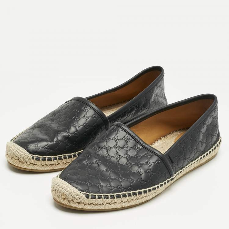 Pre Owned Gucci Black Guccissima Leather Pilar Espadrille Flats Size 38.5 