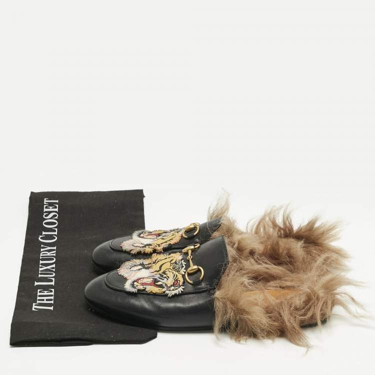 Pre Owned Gucci Black Fur and Leather Princetown Mules Size 37