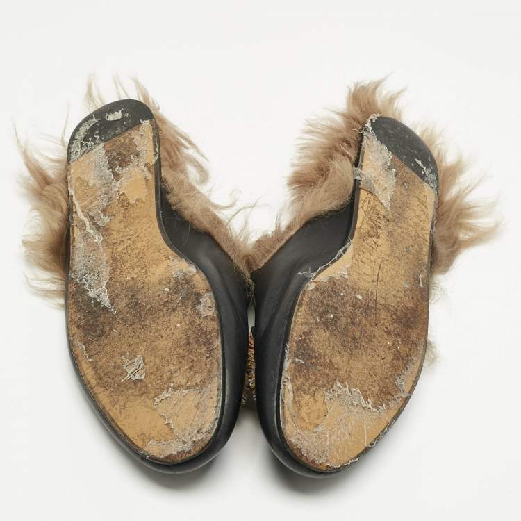 Pre Owned Gucci Black Fur and Leather Princetown Mules Size 37