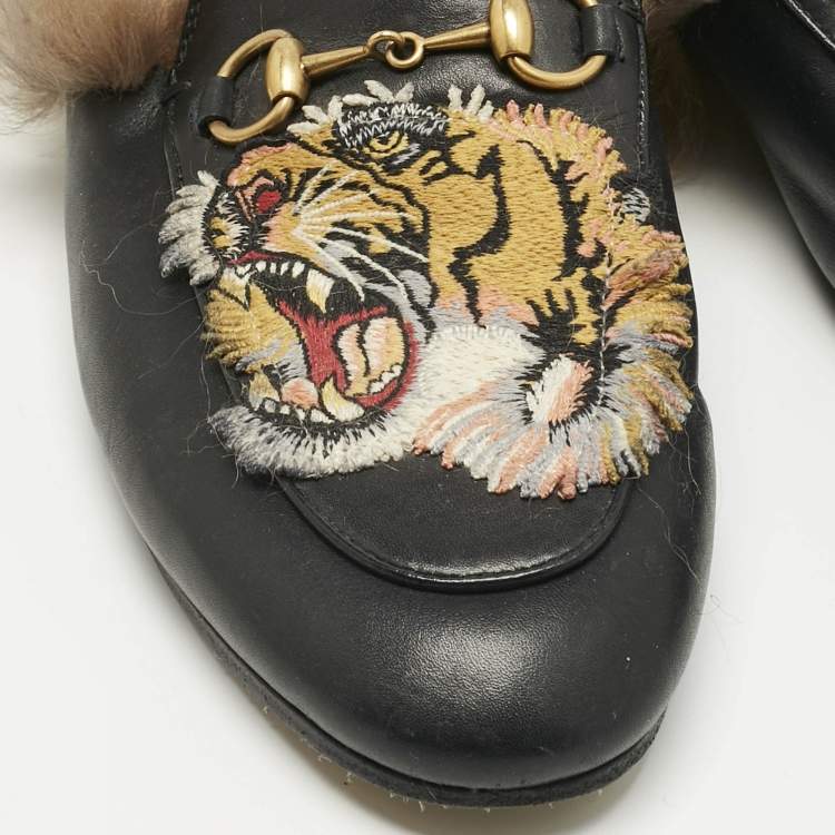 Pre Owned Gucci Black Fur and Leather Princetown Mules Size 37